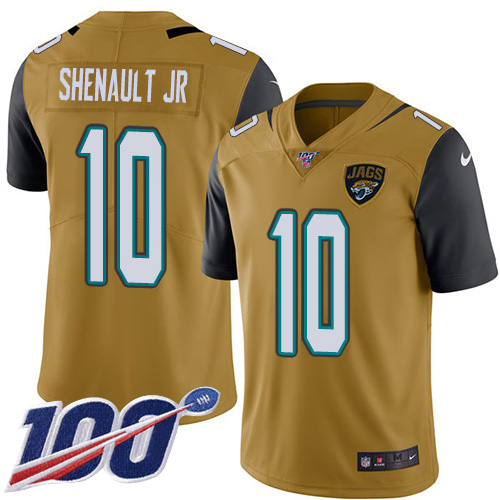 Men Nike Jacksonville Jaguars 10 Laviska Shenault Jr. Gold Stitched NFL Limited Rush 100th Season Jersey